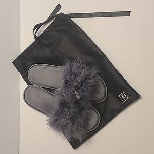 INC Grey Fur and Bow Slip-on Bedroom Slippers